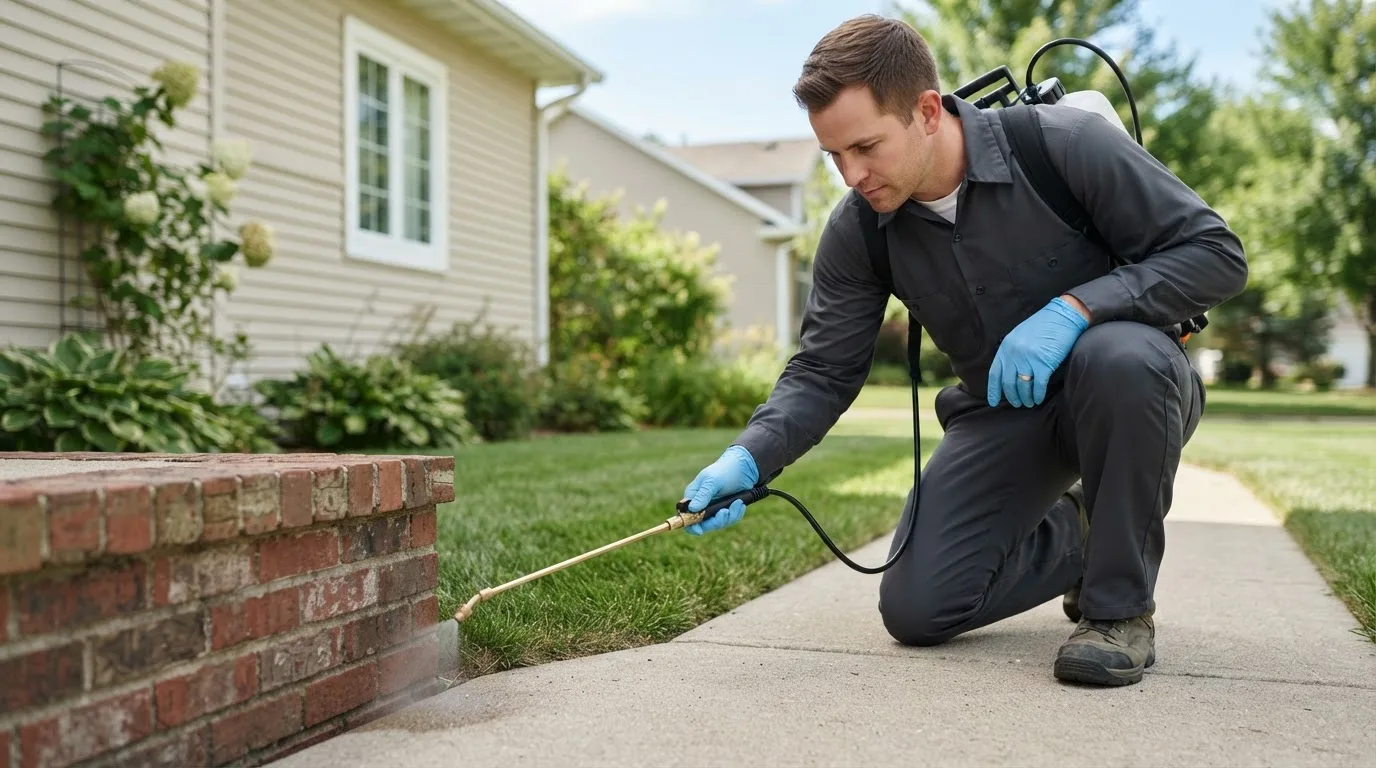 Pest control technician treating a home near Bellville, TX