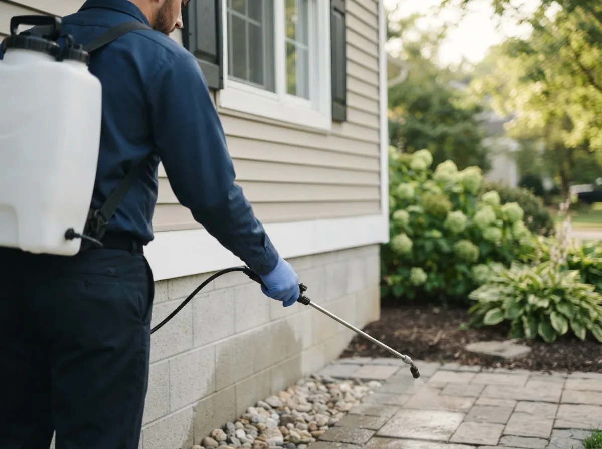 Pest control technician inspecting a home in Bellville, TX